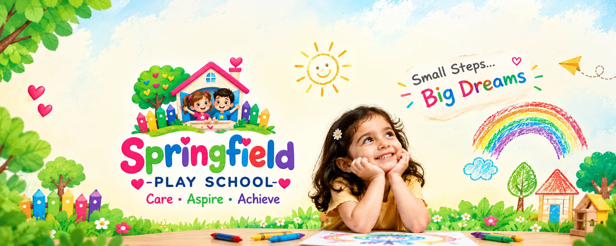 Springfield Play School — Small Steps, Big Dreams: a smiling child at a desk with crayon drawings